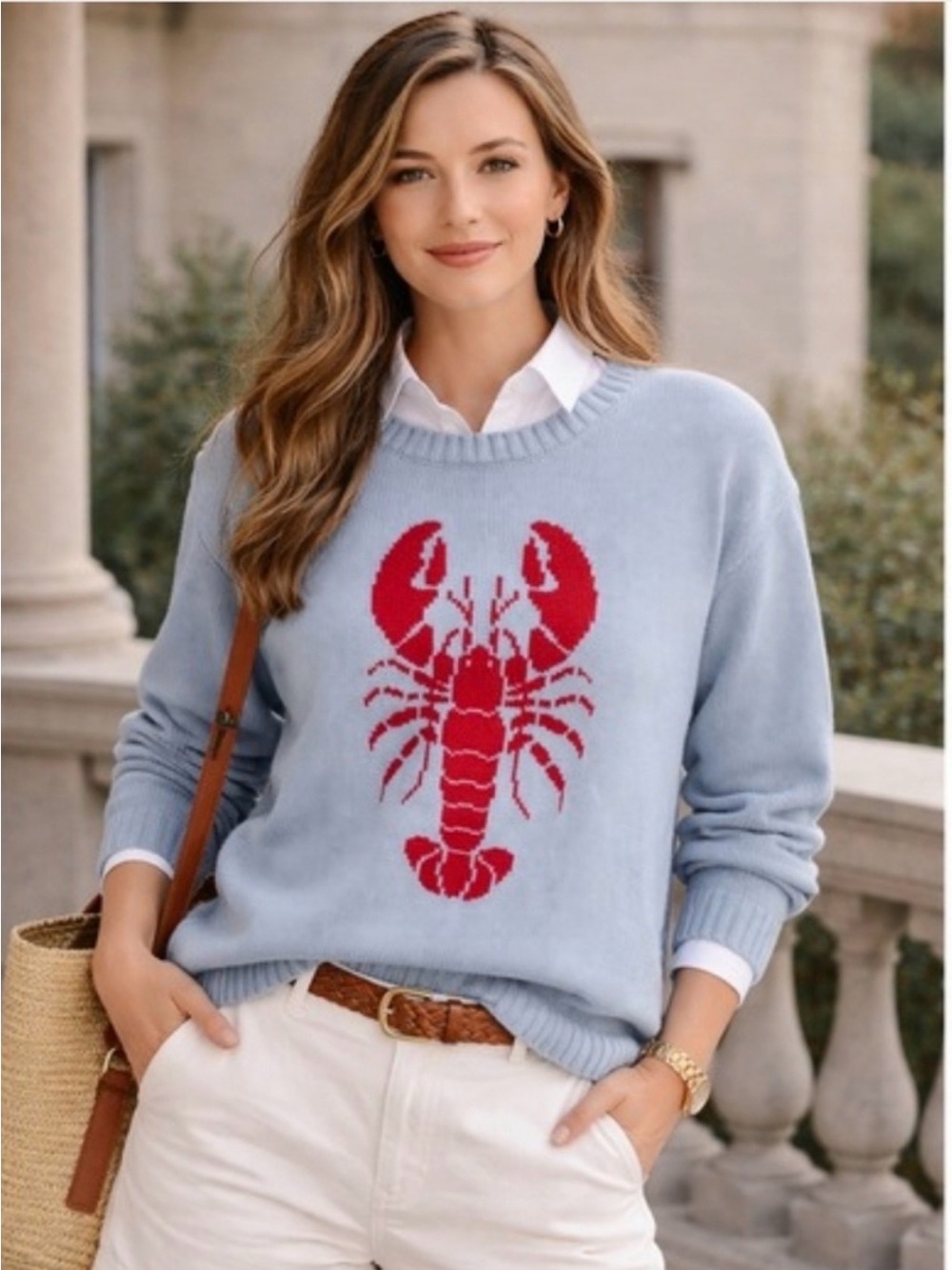 Mighty Fine Pale Blue Nautical Red Lobster Crewneck Sweater